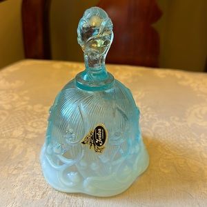 Vintage Fenton Lily of the Valley Blue Opalescent glass bell, original sticker
